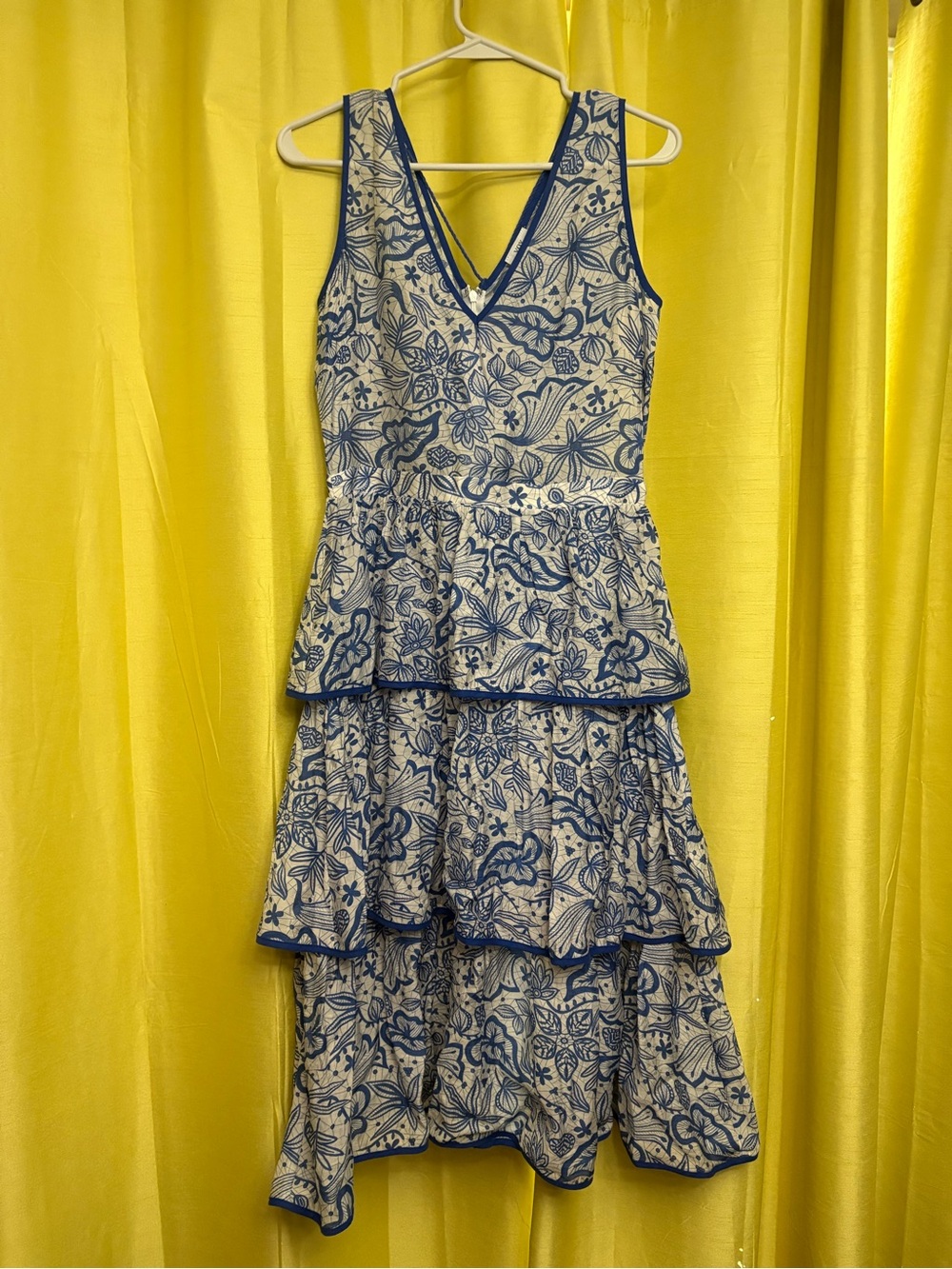 Blue & White Floral Tiered Maxi Dress with V-Neck